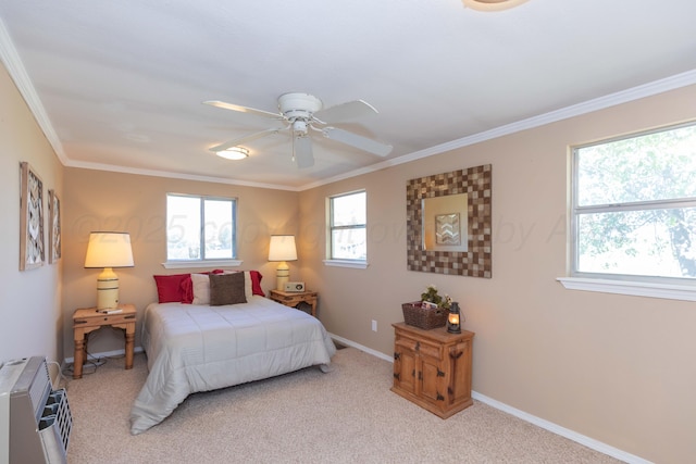 233 Doucette Dr, Howardwick, TX 79226 - bedroom featuring light colored carpet, ornamental molding, heating unit, and a ceiling fan