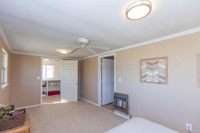 233 Doucette Dr, Howardwick, TX 79226 - bedroom with heating unit, ornamental molding, light carpet, and ceiling fan