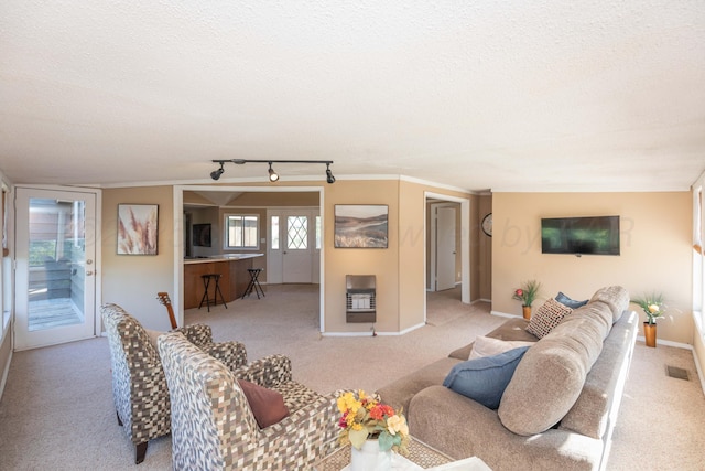 233 Doucette Dr, Howardwick, TX 79226 - living area featuring light carpet, a textured ceiling, rail lighting, and heating unit