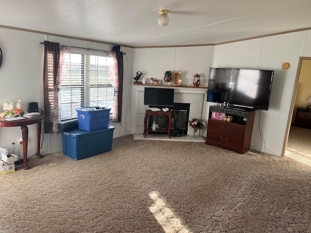 carpeted living room featuring a textured ceiling and ornamental molding