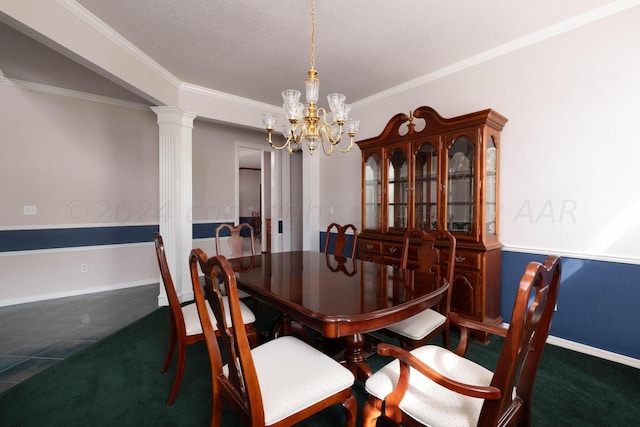4502 Chesapeake Pl, Amarillo, TX 79119 - dining space featuring a chandelier, crown molding, ornate columns, and baseboards