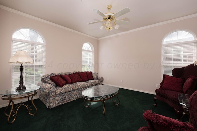 4502 Chesapeake Pl, Amarillo, TX 79119 - carpeted living room featuring ornamental molding, ceiling fan, and baseboards