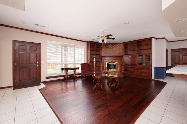 4502 Chesapeake Pl, Amarillo, TX 79119 - dining space with a brick fireplace, a ceiling fan, wood finished floors, recessed lighting, and baseboards