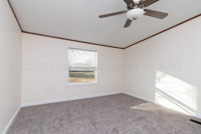 spare room with carpet flooring, ceiling fan, and ornamental molding