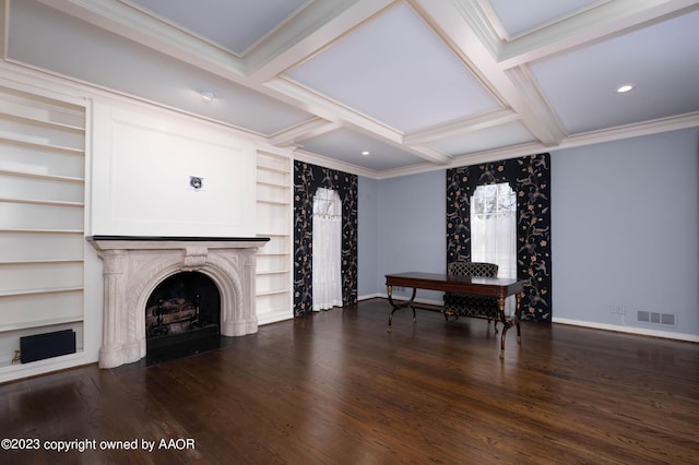 2802 S Hughes St, Amarillo, TX 79109 - living area with a high end fireplace, baseboards, wood finished floors, ornamental molding, and coffered ceiling