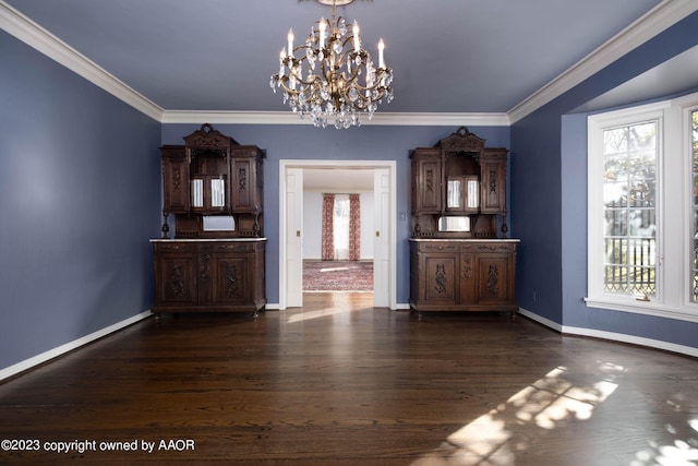 2802 S Hughes St, Amarillo, TX 79109 - unfurnished dining area with a chandelier, baseboards, dark wood-style flooring, and ornamental molding
