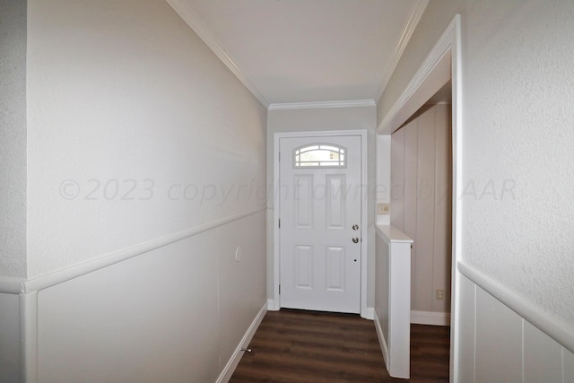 doorway to outside featuring crown molding and dark hardwood / wood-style flooring