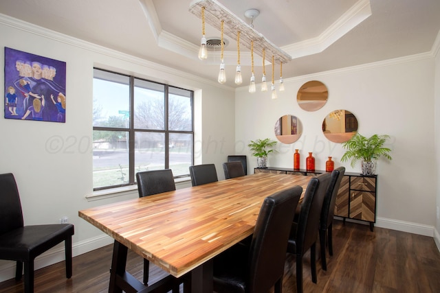 dining space with a raised ceiling, baseboards, dark wood-style floors, and visible vents