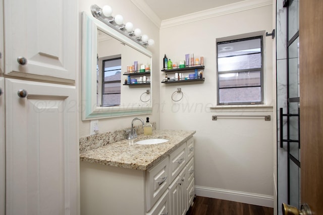 bathroom with vanity, baseboards, ornamental molding, a healthy amount of sunlight, and wood finished floors