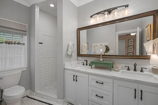 2215 S Hughes St, Amarillo, TX 79109 - full bathroom featuring double vanity, tile patterned flooring, a tile shower, ornamental molding, and ceiling fan
