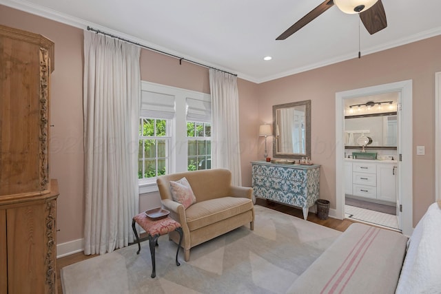 2215 S Hughes St, Amarillo, TX 79109 - living area featuring ceiling fan, ornamental molding, wood finished floors, and recessed lighting