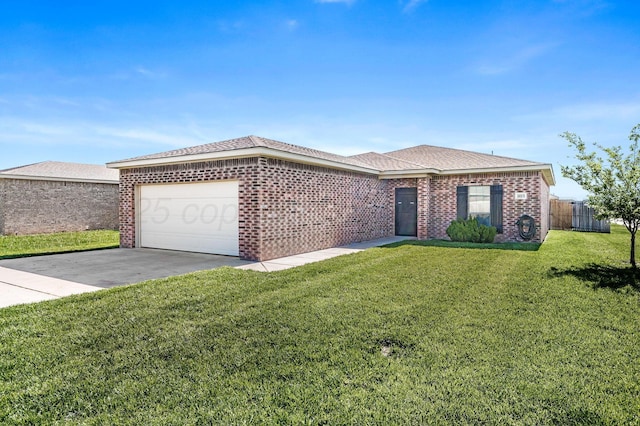 single story home with brick siding, concrete driveway, and an attached garage