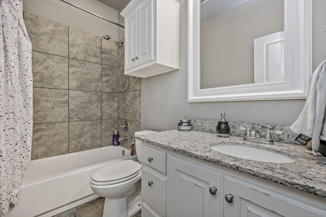 bathroom featuring shower / tub combo with curtain, vanity, and toilet