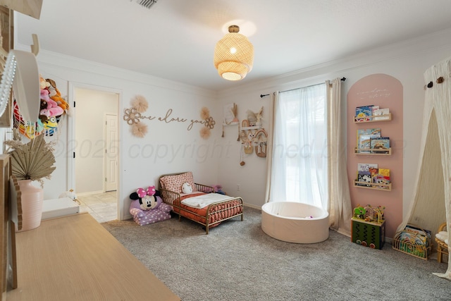 interior space with carpet floors and crown molding