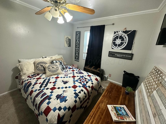 219 Inverness St, Borger, TX 79007 - bedroom with ornamental molding, baseboards, carpet, and ceiling fan
