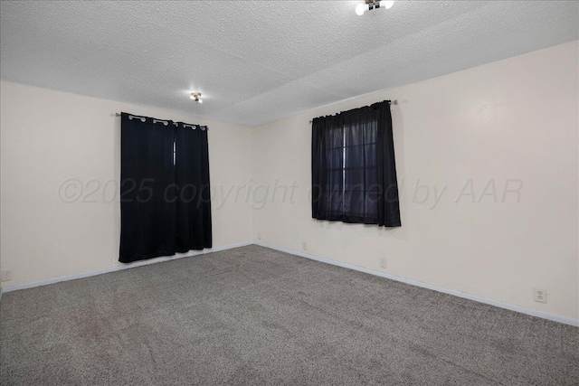 spare room with carpet, a textured ceiling, and baseboards