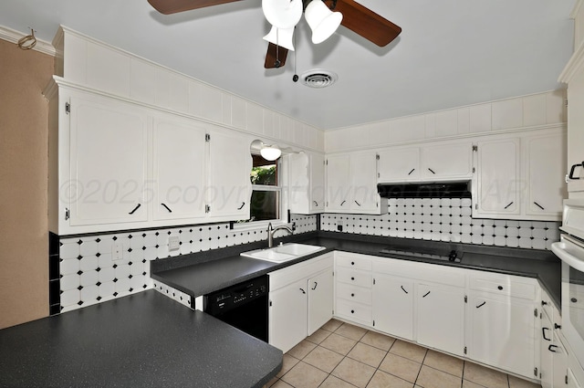 kitchen featuring a sink, range hood, dark countertops, a ceiling fan, and crown molding