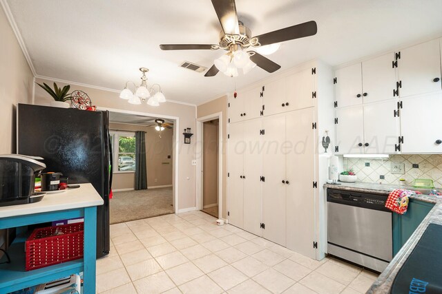 2804 Rule St, Amarillo, TX 79107 - kitchen featuring stainless steel dishwasher, ceiling fan, white cabinets, ornamental molding, and decorative backsplash