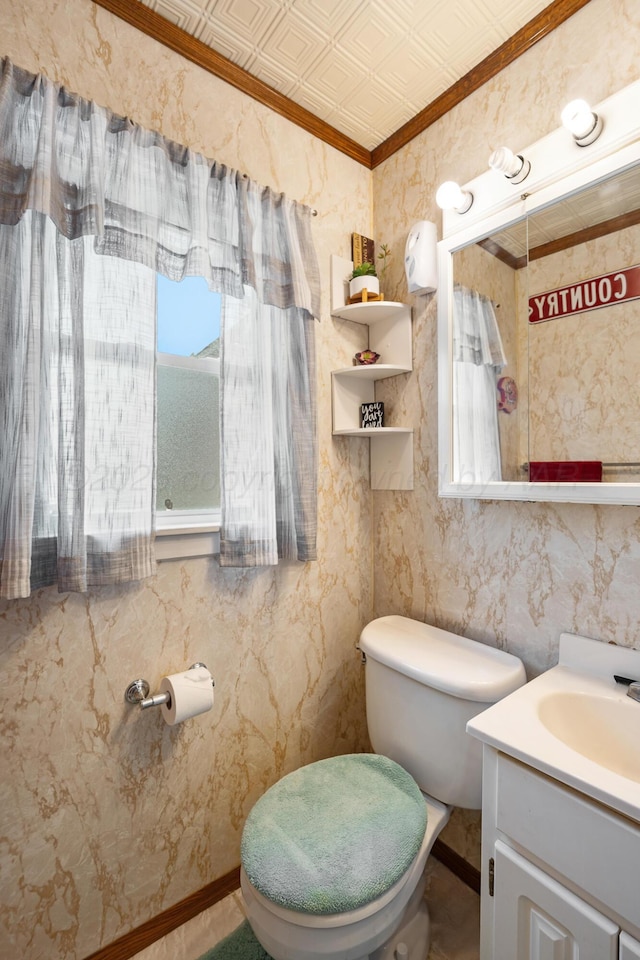 2804 Rule St, Amarillo, TX 79107 - bathroom with plenty of natural light, ornamental molding, toilet, and vanity