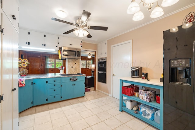 2804 Rule St, Amarillo, TX 79107 - kitchen with black appliances, a ceiling fan, crown molding, white cabinetry, and light tile patterned floors