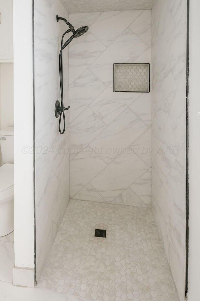 bathroom with a tile shower and toilet