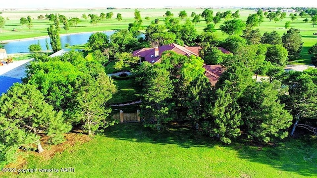 aerial view featuring a rural view and a water view