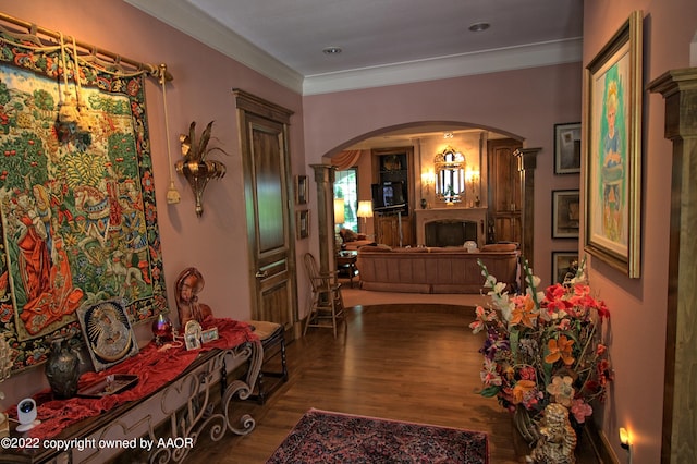 hallway featuring wood-type flooring and ornamental molding