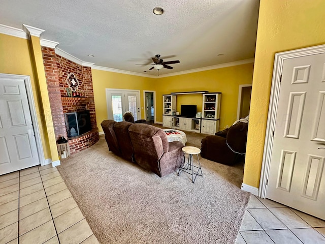 8422 Addison Dr, Amarillo, TX 79119 - living room featuring light tile patterned floors, ceiling fan, light carpet, ornamental molding, and a brick fireplace