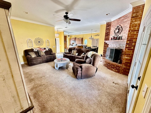 8422 Addison Dr, Amarillo, TX 79119 - living area featuring crown molding, carpet floors, a ceiling fan, a fireplace, and plenty of natural light