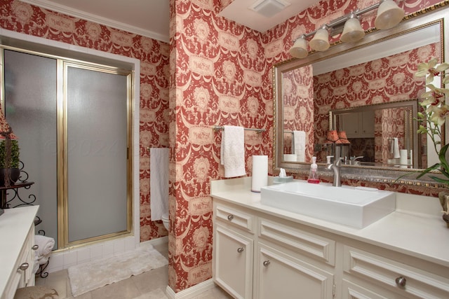 3 Nottingham Rd, Amarillo, TX 79124 - full bathroom with wallpapered walls, a stall shower, vanity, crown molding, and tile patterned flooring