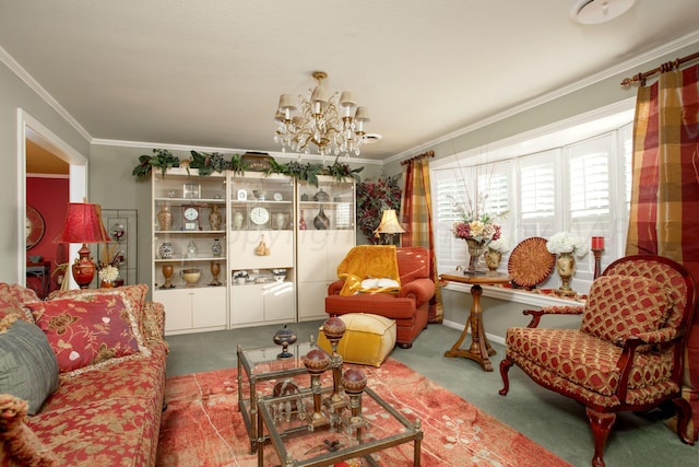 3 Nottingham Rd, Amarillo, TX 79124 - carpeted living room featuring crown molding and a chandelier