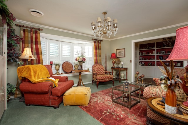 3 Nottingham Rd, Amarillo, TX 79124 - sitting room with carpet flooring, ornamental molding, a chandelier, and built in shelves