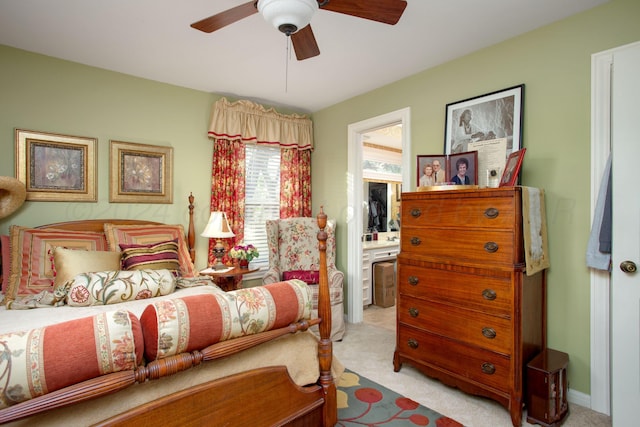 3 Nottingham Rd, Amarillo, TX 79124 - bedroom featuring light colored carpet, a ceiling fan, and connected bathroom