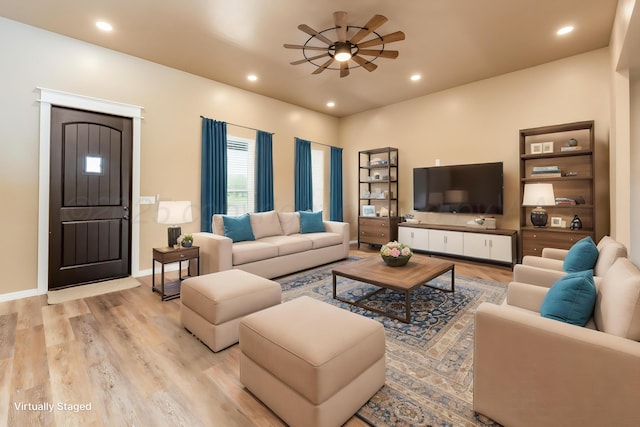 30 Country Club Dr, Farwell, TX 79325 - living room with recessed lighting, baseboards, a ceiling fan, and wood finished floors