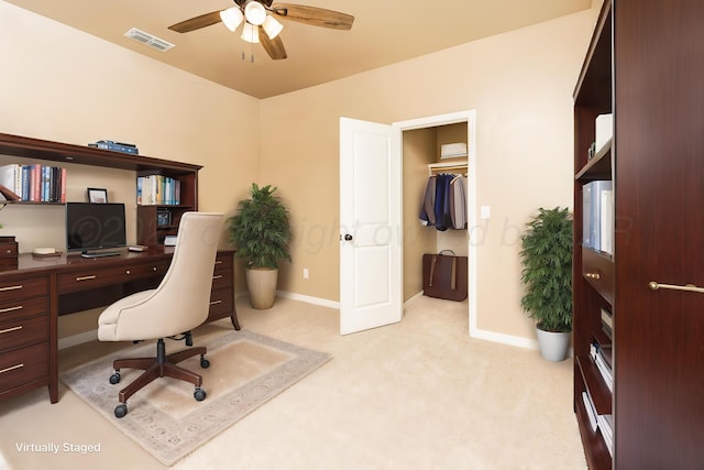 30 Country Club Dr, Farwell, TX 79325 - carpeted home office featuring a ceiling fan, baseboards, and visible vents