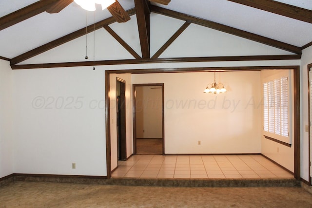 tiled empty room featuring lofted ceiling with beams and ceiling fan with notable chandelier