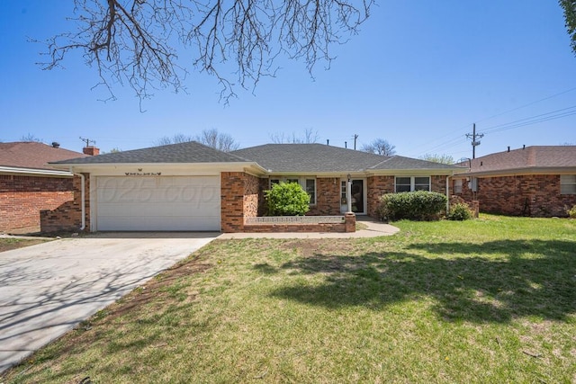 single story home featuring a front yard, a shingled roof, a garage, brick siding, and driveway