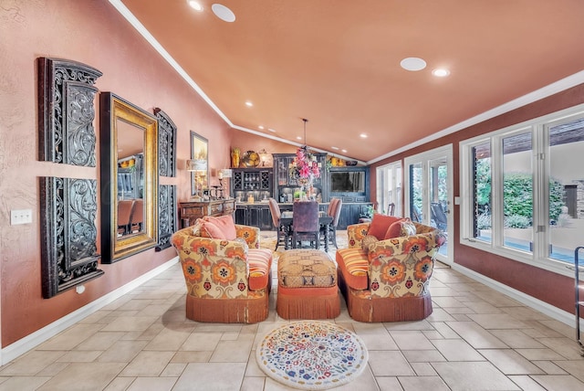 3465 Fm 1058, Hereford, TX 79045 - living room featuring vaulted ceiling, crown molding, recessed lighting, and baseboards