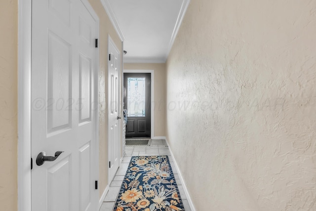 3465 Fm 1058, Hereford, TX 79045 - doorway featuring crown molding, baseboards, light tile patterned floors, and a textured wall
