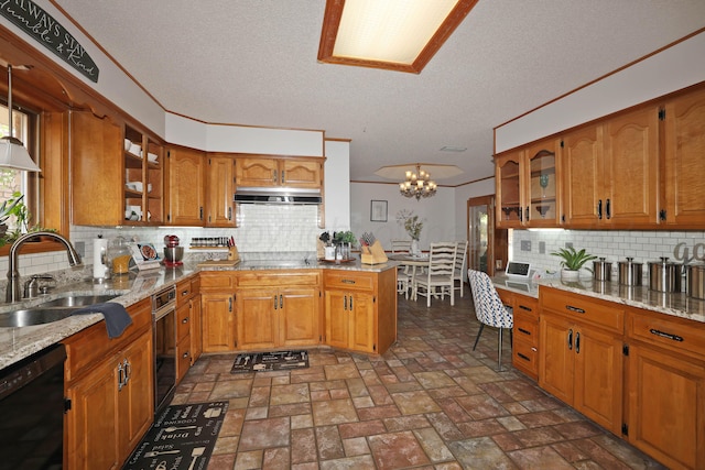 3508 Reeder Dr, Amarillo, TX 79121 - kitchen featuring black appliances, under cabinet range hood, brown cabinets, and a sink