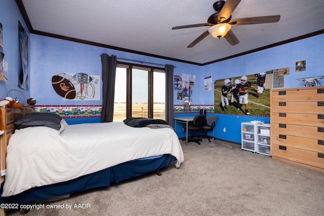 bedroom featuring ornamental molding, carpet flooring, a textured ceiling, and ceiling fan