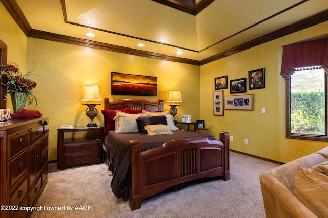 bedroom with ornamental molding and light colored carpet