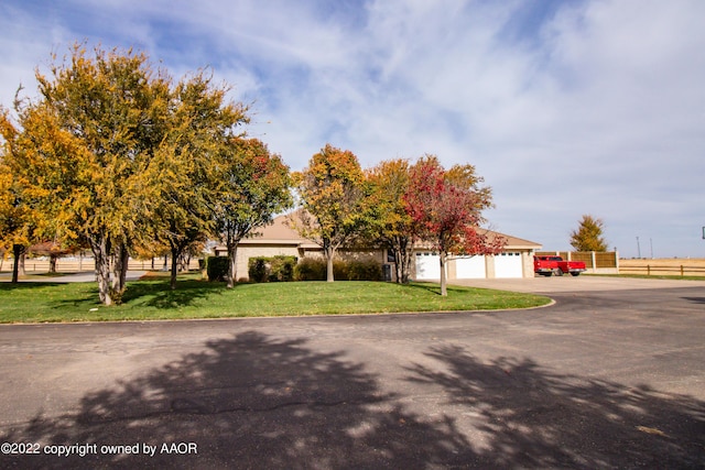 view of property hidden behind natural elements with a garage and a front yard