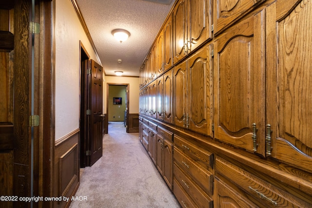 hallway featuring light carpet, a textured ceiling, and wood walls