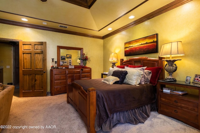 carpeted bedroom featuring crown molding