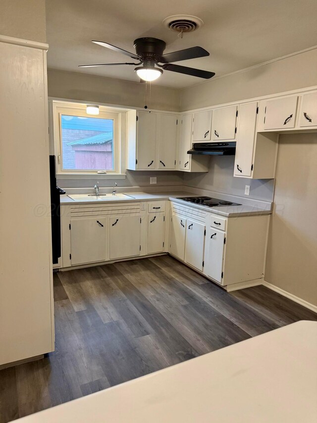 408 Jupiter St, Pampa, TX 79065 - kitchen with under cabinet range hood, a ceiling fan, a sink, dark wood-type flooring, and light countertops