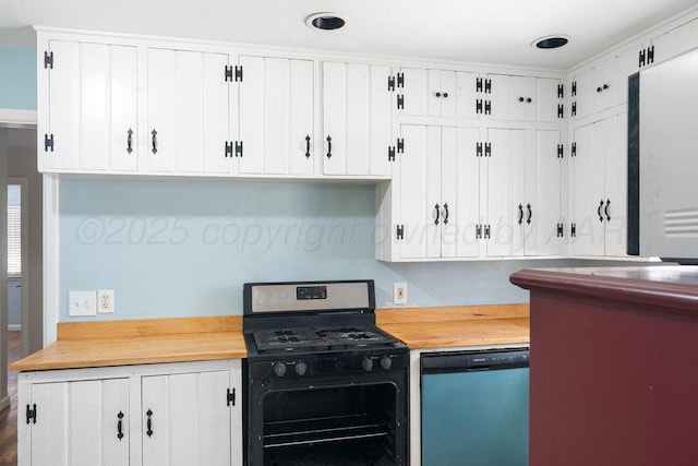 kitchen featuring dishwasher, stainless steel gas stove, white cabinetry, and butcher block countertops