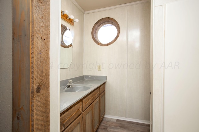 bathroom featuring wood-type flooring, vanity, and ornamental molding