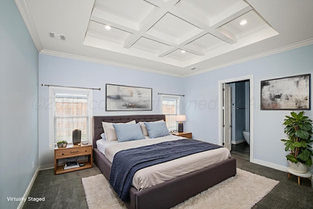 6201 Bay Rdg, Amarillo, TX 79119 - bedroom featuring carpet flooring, ornamental molding, coffered ceiling, beam ceiling, and recessed lighting