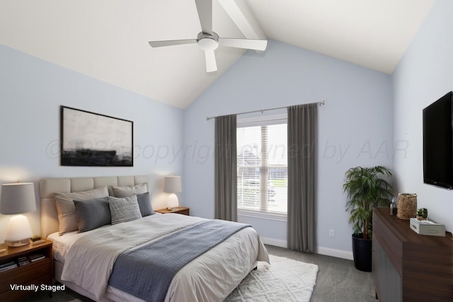 6201 Bay Rdg, Amarillo, TX 79119 - bedroom with carpet, beam ceiling, a ceiling fan, and high vaulted ceiling